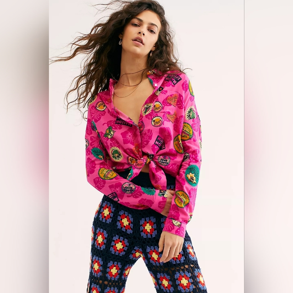 💘 Rare Scotch & Soda Maison Scotch Pink Hawaiian Long Sleeve Oversize Button Up - Picture 2 of 10